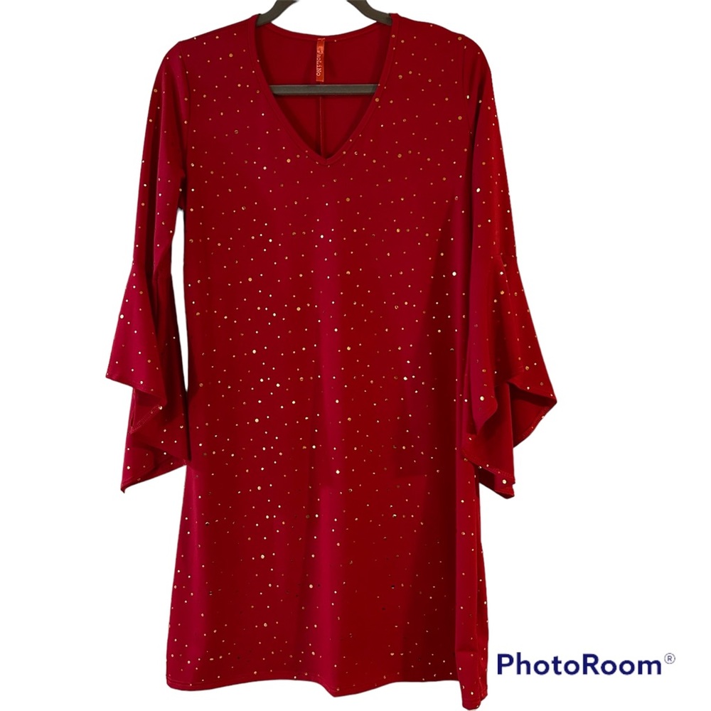 Paolino Red Gold Sparkle Dress with Flared Sleeve NWOT Woman’s Juniors